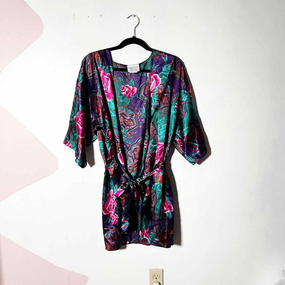 Vintage Satin Robe Medium Purple Floral Paisley 90s Lingerie